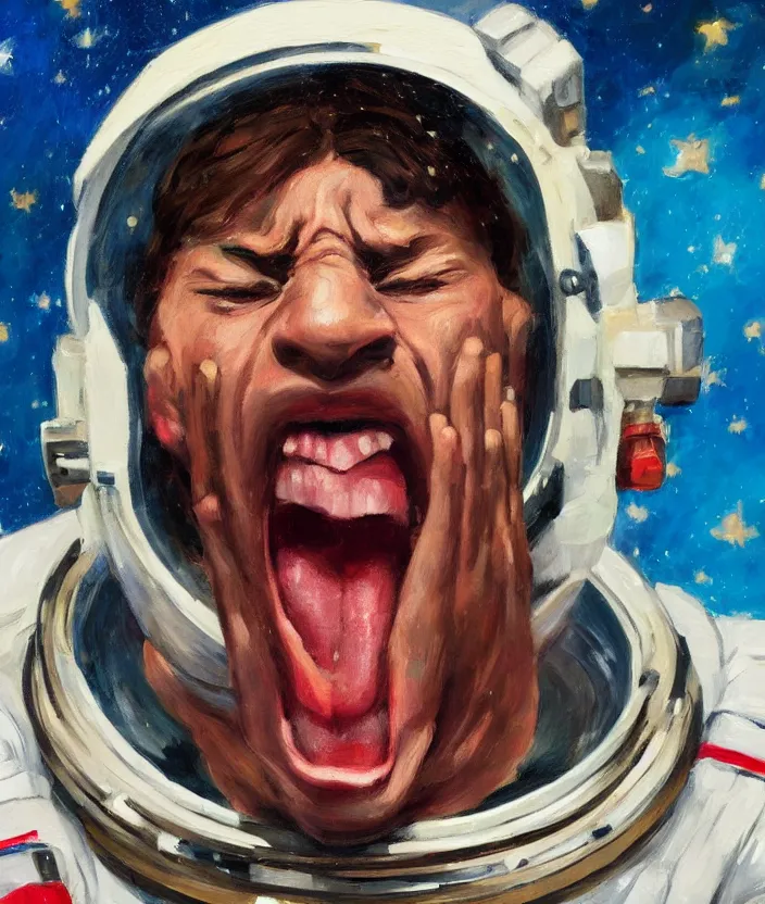 Prompt: a close up portrait painting of a man in an astronaut suit, screaming and sad, highly detailed, close up, aesthetic stars in the background, in the style of edward hopper, fine brush strokes, 4 k,