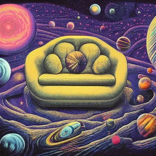 Image similar to psychedelic trippy couch in space, planets, milky way, sofa, cartoon by rob gonsalves and gustav dore