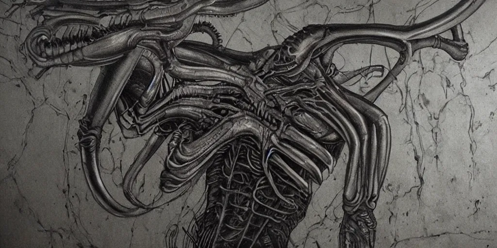 Image similar to alien xenomorph in the style of HR Giger, cave painting, movie scene