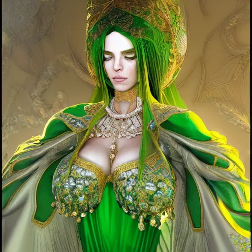 Image similar to a beautiful woman wearing a green and white kaftan made of silk with golden ornaments and diamonds jewelry by alex gray and android jones , Karol Bak, Ayami Kojima, Amano , concept art, character design, fantasy,3D, 8k resolution