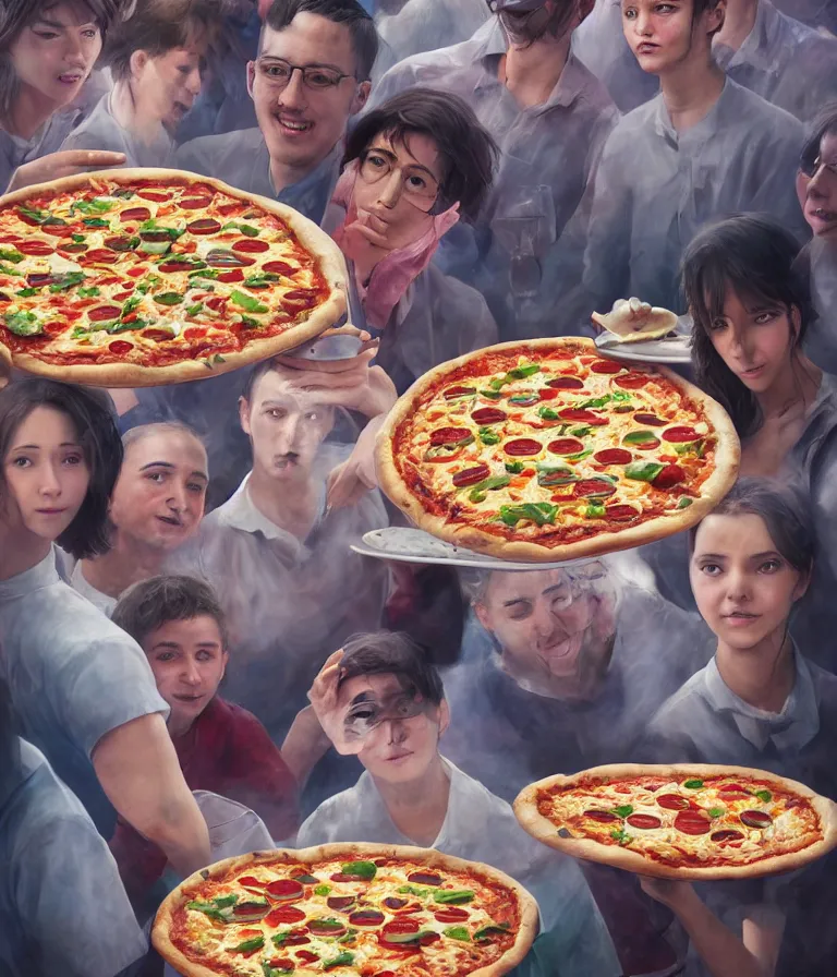 Image similar to a beautiful hyperrealistic detailed 3D render of people made of pizza, by Anton Otto Fischer, Atey Ghailan, genzoman, unreal engine, octane render, gigantic, 3D, brilliantly coloured, intricate, ultra wide angle, trending on artstation, embers, smoke, dust, dusk, volumetric lighting, HDR, polished, micro details, ray tracing, 8k,