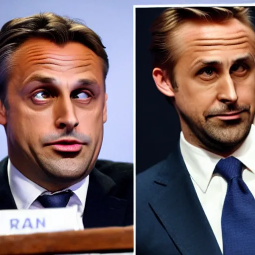 Image similar to Viktor Orban fighting Ryan Gosling