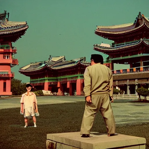 Prompt: Pulgasari the Kaiju Monster, overshadowing a Korean palace, Kodachrome 35mm cinemascope, Kim Jong-il production