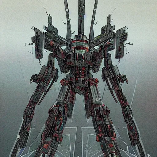 Prompt: a sleek, futuristic symmetrical mecha, defending the vast looming city, designed by hideaki anno, drawn by tsutomu nihei, and painted by zdzislaw beksinski