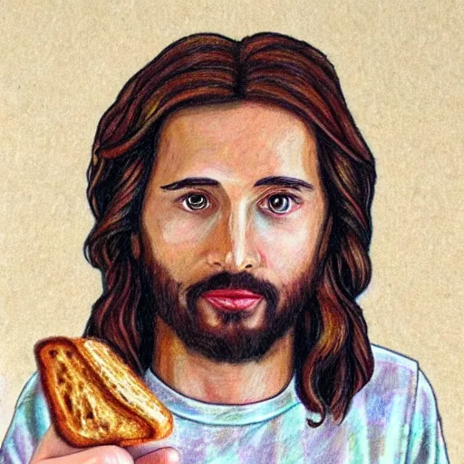 Prompt: photo realistic portrait of jesus eating toast, made with crayons