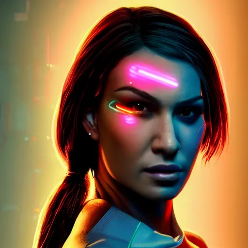 Image similar to naya rivera portrait, cyberpunk 2 0 7 7, cyberpunk judy alvarez, photorealistic, ultra detailed, neon, octane, bokeh, cinematic lighting, cyber, cyberpunk city, studio quality, feature, scars, cyberface, 8 k