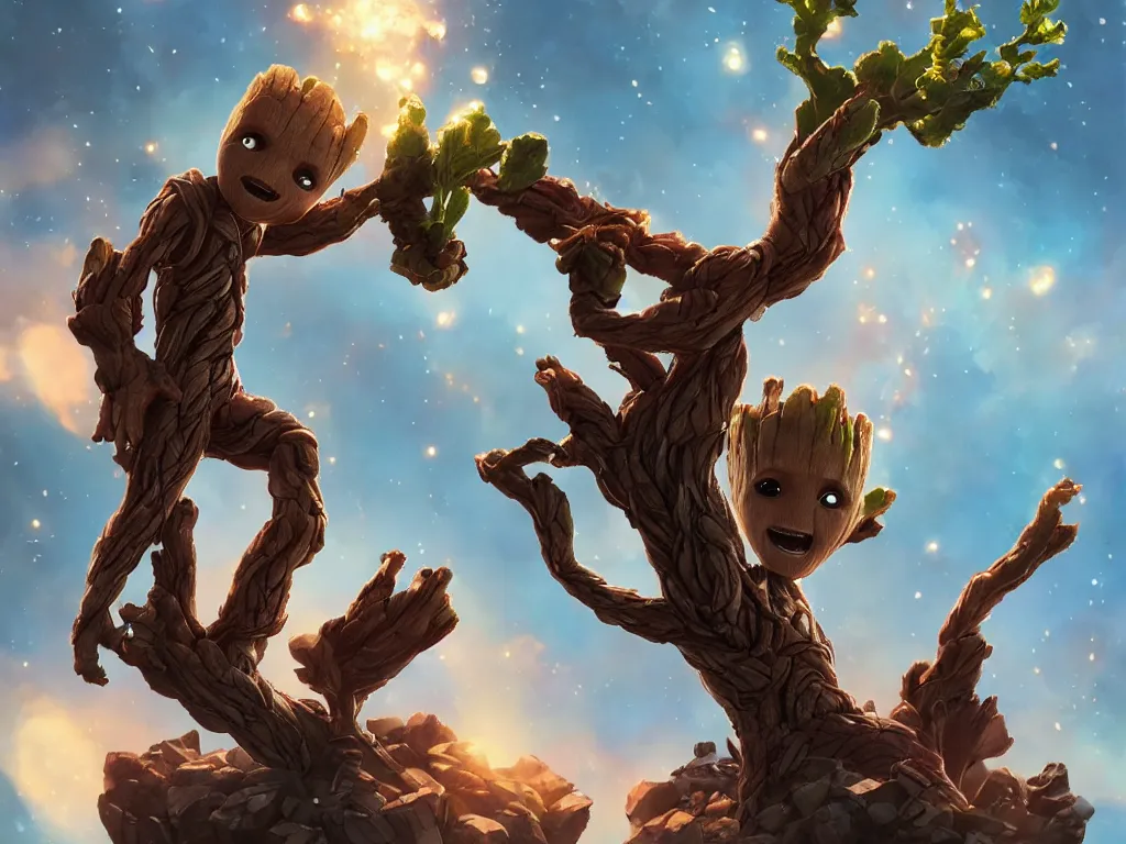 Image similar to baby groot from guardians of the galaxy!, cinematic volumentric lighting, jim cheung, david marquez, mike deodato jr, ilya kuvshinov, makoto shinka, behance hd by jesper ejsing, by rhads, hyper detailed, octane render, concept art, trending on artstation