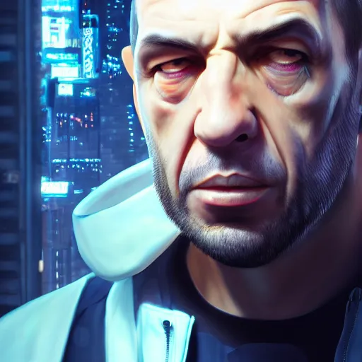 Image similar to disgusting portrait of a niko bellic, art by wlop and artgerm and liam wong, cyberpunk, neon, intricate details, trending on artstation, sharp focus, caustics, octane render, radiant light, 4 k