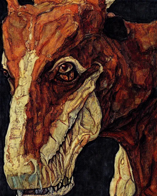 Image similar to portrait of a tyrannosaurus by egon schiele in the style of greg rutkowski