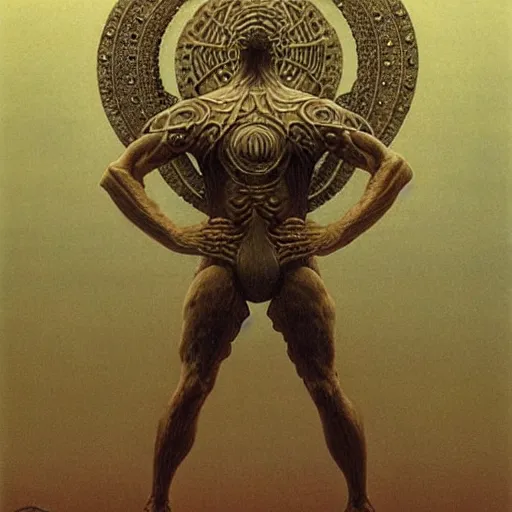 Image similar to final boss. wearing intricate breastplate. full body dynamic pose. by Zdzisław Beksiński