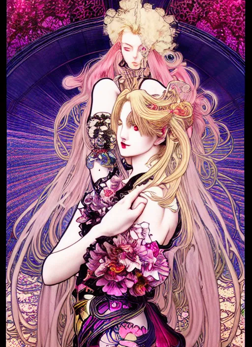 Image similar to artstation highly detailed terada katsuya manga poster of girl mechine, rainbow gradient reflection bloom, ayami kojima, long hair, wapon, armor, dress, laces, ruffles, 8 k, maximalist, alphonse mucha