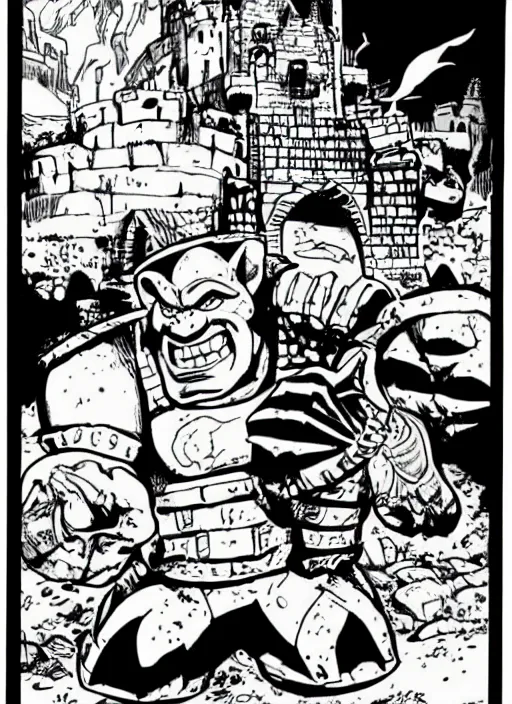 Prompt: detailed children's comic book drawing of a ( cute ogre ) looking at a ( stronghold castle ) by jack kirby!!! and gris grimly, cinematic, epic, awesome bright color palette, hard contrast, black ink outlines