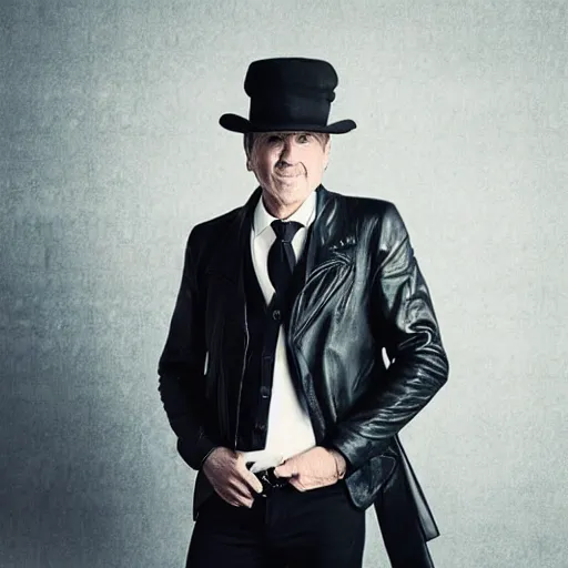 Prompt: a gentleman wearing a black leather hat, cinematic style, front view, cool looking