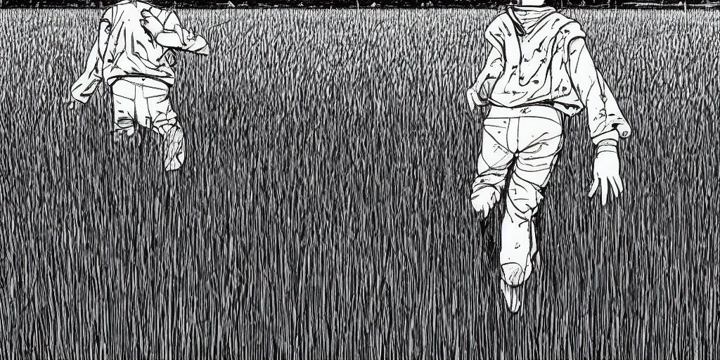 Prompt: perspective view of a young boy walking in a field of high grass facing a huge mysterious and ominious forest, very graphic illustration by katsuhiro otomo and jean giraud, drawing, yoshitaka amano vibe, clean line, colorful comics style