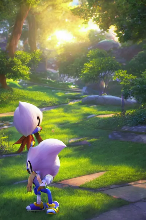 Image similar to sonic the hedgehog windows xp, serene evening atmosphere, soft lens, soft light, cel - shading, animation, in the style of cgsociety, deviantart, artstation, zbrush, cinema 4 d, studio ghibli, akihiko yoshida, atelier lulua, masamune shirow