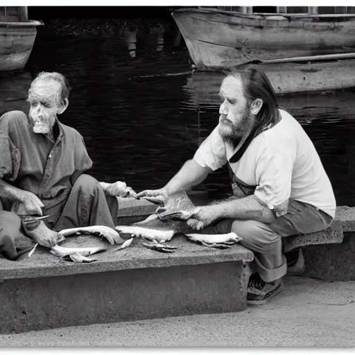 Image similar to hobos eating fish from aquarium, black and white, old photo, realistic