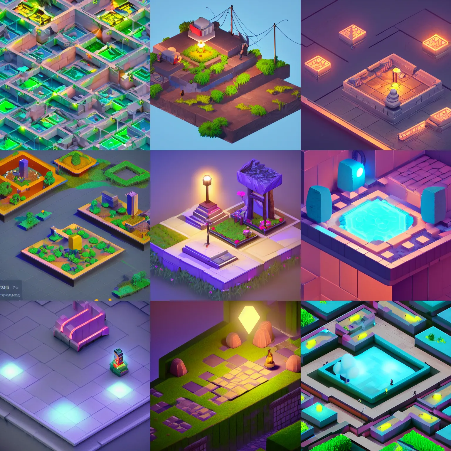 Prompt: isometric game art adventure game outdoor, lights with bloom, trending on artstation, Mohamed Chahin style, vray render with ambient lights and volume 4k