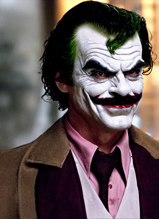 Image similar to film still of tom selleck as the joker in the dark knight, 4 k