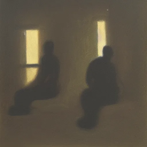 Prompt: a silhouette of two depressed people sitting in the corner of a dark room, oil on canvas