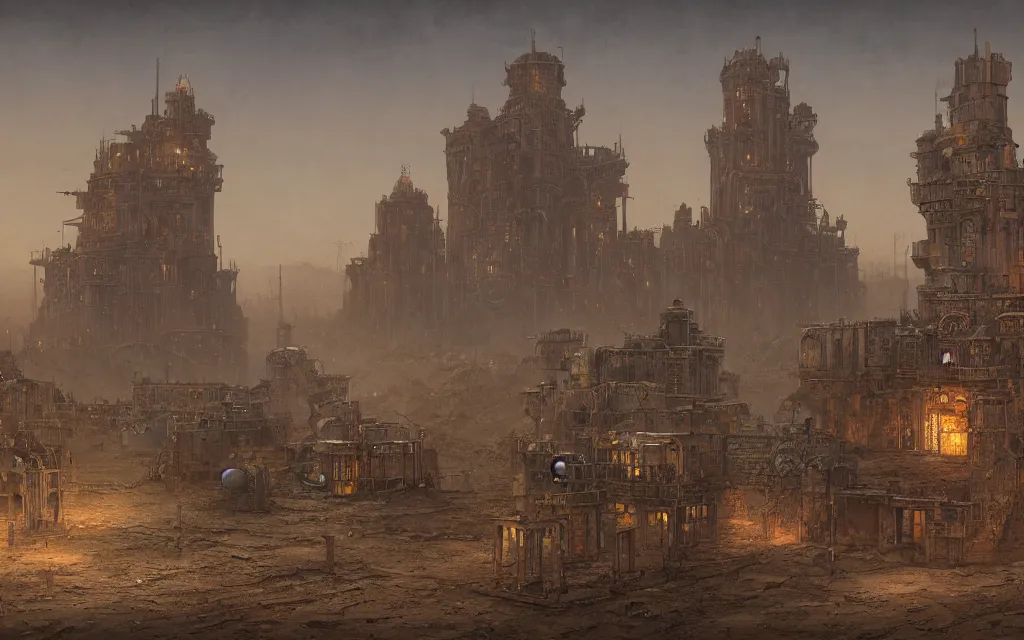 Image similar to a steampunk fortress in a desert by John Atkinson Grimshaw and Lee Madgwick and Artyom Vlaskin, 4k resolution, detailed, trending on artstation