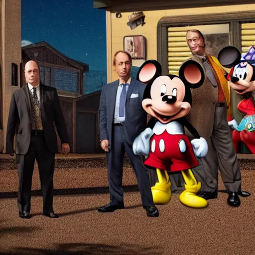 Prompt: highly detailed shot of better call saul cross over with mickey mouse house season finale