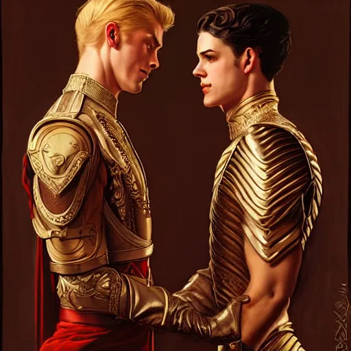 Image similar to attractive fully clothed king confesses his love for his attractive fully clothed male prince. highly detailed painting by j. c. leyendecker, craig mullins, tom bagshaw,