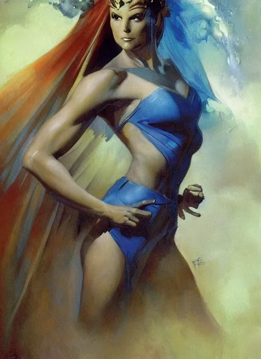 Prompt: portrait of mighty plump female sorceress, blue tiara and veil, lightning halo, strong line, muted color, beautiful! coherent! by frank frazetta, by boris vallejo