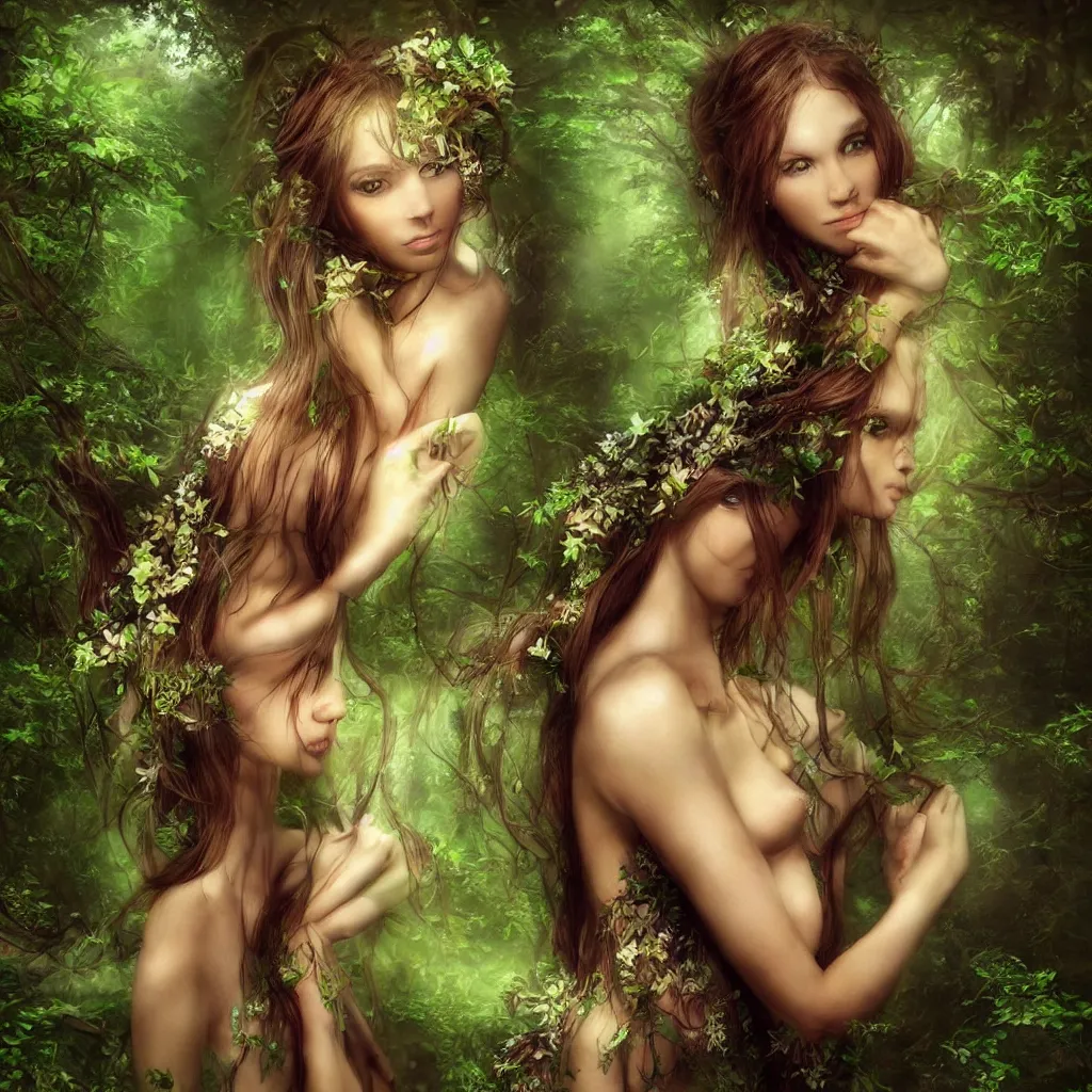 Prompt: “beautify attractive forest nymph, magical, portrait, hyper realistic”