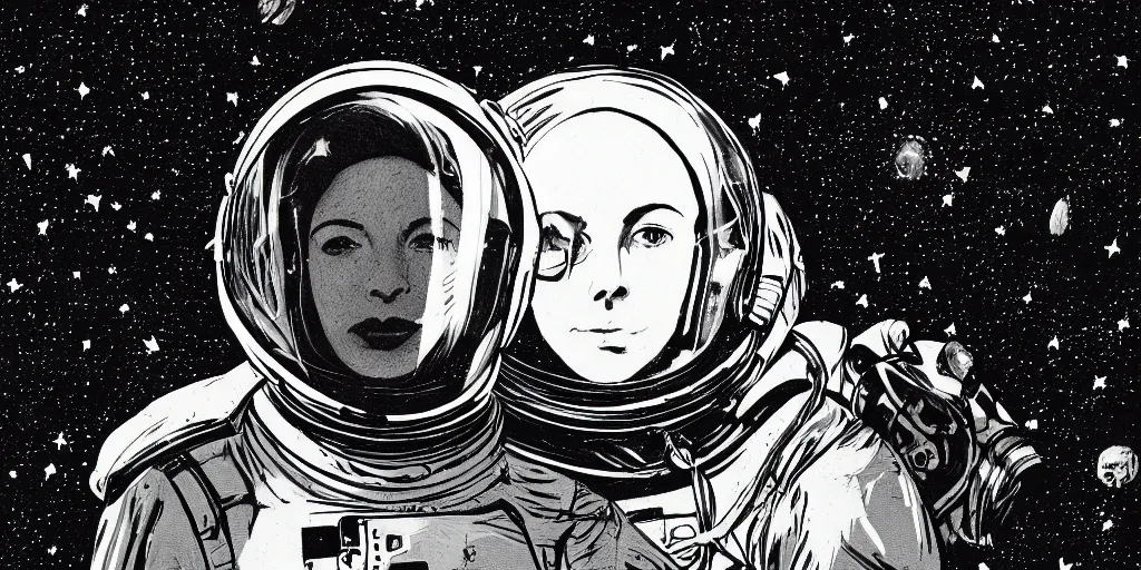 Prompt: etching portrait of a woman wearing a space helmet, scifi, big clouds visible in the background, stars in the sky, high contrast, deep black tones, depth of field, smudges