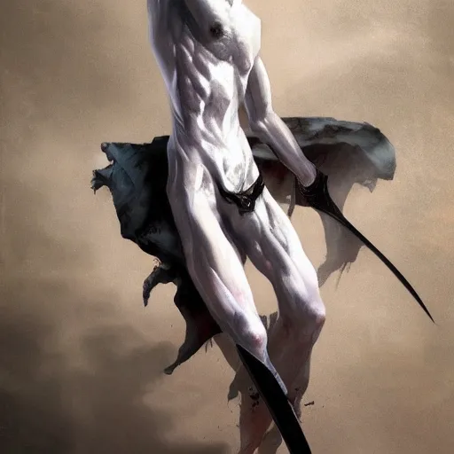 Image similar to fantasy painting of a pale man with a black blade, full body, clothed, painted by Bayard Wu, ultra detailed, 8k