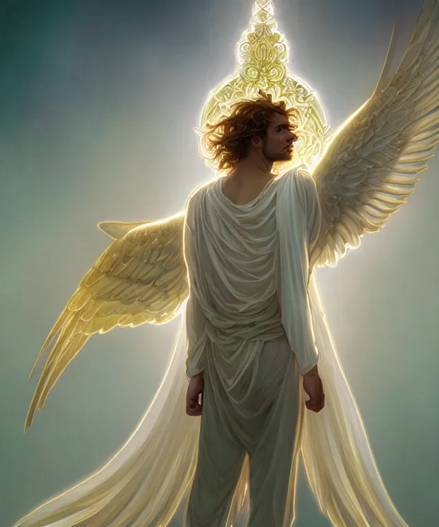 Image similar to symmetrical fullbody portrait of a beautiful young fit male angel with curly blond hairs, dressed in long fluent clothes, majestic big dove wings, luminous halo, by greg rutkowski and alphonse mucha, gradient white to gold, in front of an iridescent background, highly detailed portrait, digital painting, artstation, concept art, smooth, sharp focus illustration