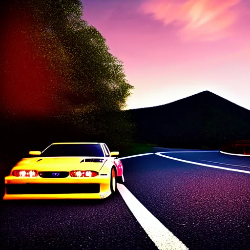 Image similar to a car drift spec mazda fc3s rx7 in middle of road, gunma prefecture, city sunset night, cinematic color, photorealistic, highly detailed