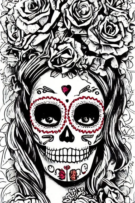 Prompt: Illustration of a sugar skull day of the dead girl, art by howard finster