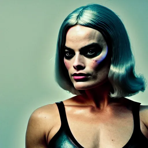 Prompt: Muscle Bound Margot Robbie Cyberpunk cyborg