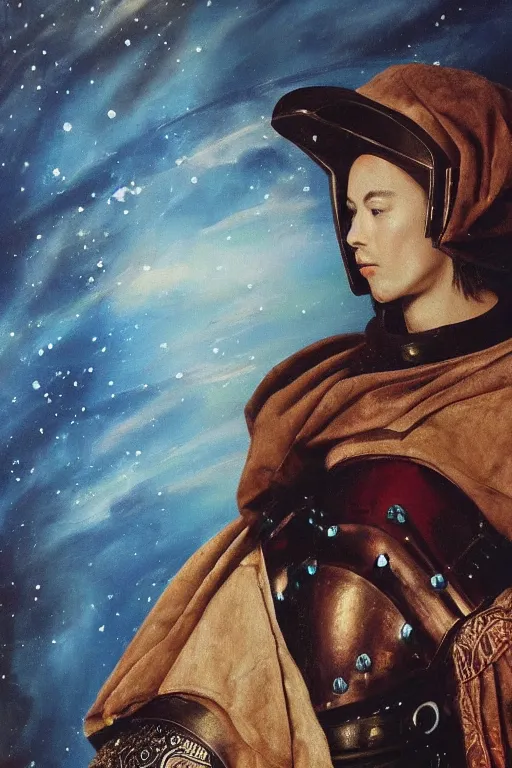 Image similar to hyperrealism oil painting, close - up portrait of caucasian medieval fashion model, knight, steel gradient mixed with nebula sky, in style of baroque mixed with 7 0 s japan book art