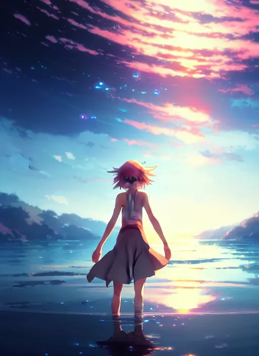 Prompt: anime girl walking on water, ripples, backdrop of dawn, saturn in the background, illustration, concept art, anime, key visual, trending pixiv fanbox by wlop and greg rutkowski and makoto shinkai and studio ghibli