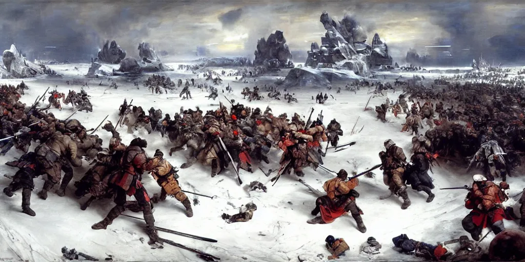 Image similar to the battle of hoth painted by jan matejko. oil on canvas, sharp focus, cinematic atmosphere, detailed and intricate, perfect anatomy, detailed and intricate environment and characters