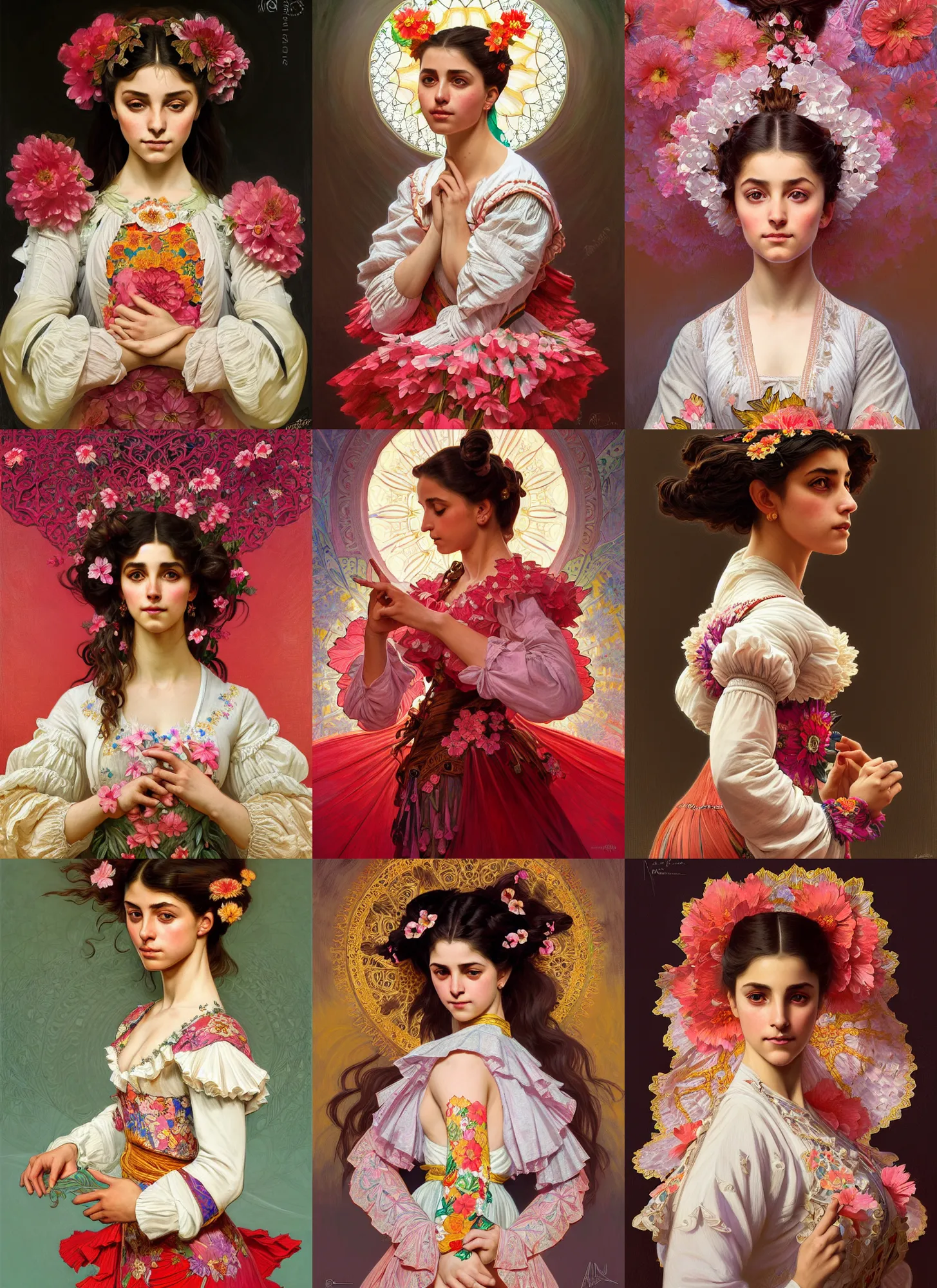 Prompt: symmetry!! portrait of 1 5 0 0 andalusian girl in flowery flamenco costume, historical, intricate, highly detailed, dynamic lighting, digital art, digital painting, artstation, wlop, sharp focus, illustration, art by artgerm and greg rutkowski and alphonse mucha, 8 k