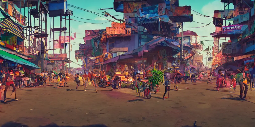 Prompt: a still from a gorillaz music video, a market in busy futuristic street in favela city, dramatic lighting, vibrant, 2 d game environment design, behance favourite, global illumination, bloom,