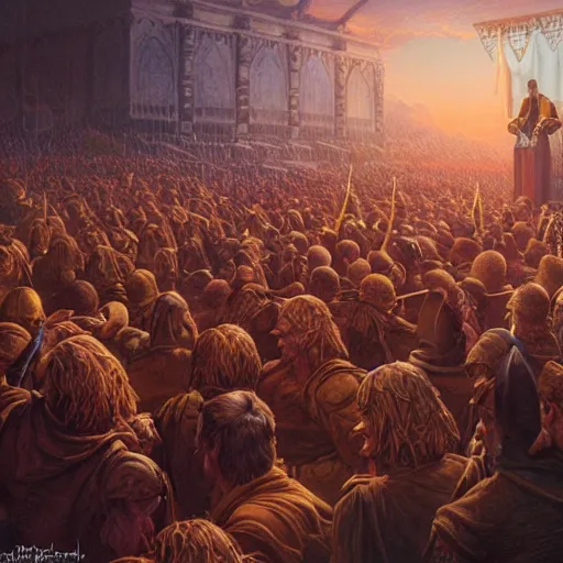 Prompt: evil orator listened by crowd by Michael Whelan by Jeff Easley photorealistic, cinematic, fantastic reality, detailed, intricate dramatic lighting, establishing shot, 8k resolution – W 1024