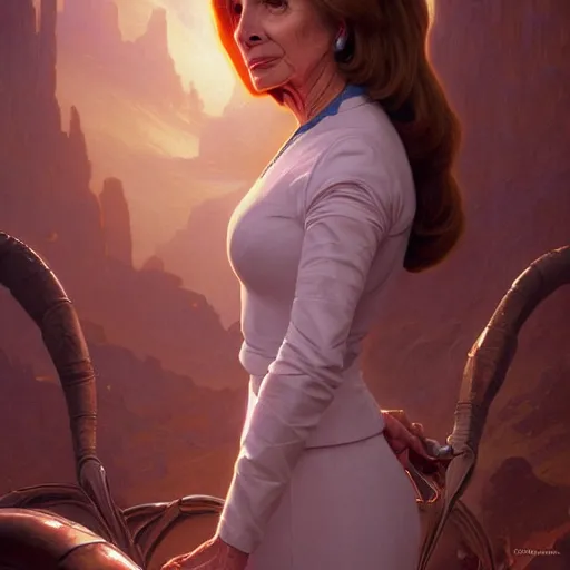 Image similar to Nancy Pelosi is a alien princess, cinematic lighting, intricate, elegant, highly detailed, digital painting, artstation, sharp focus, illustration, art by artgerm and greg rutkowski and alphonse mucha and Wayne Barlowe and william-adolphe bouguereau