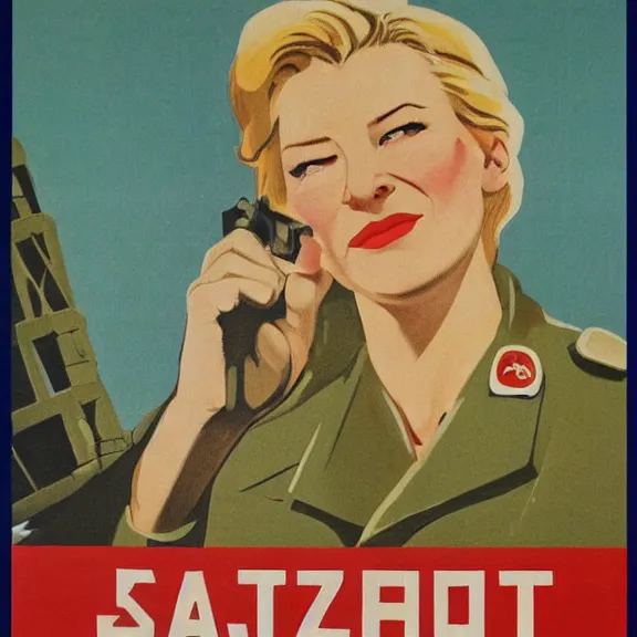 Image similar to soviet propaganda poster with cate blanchett calling on the world community to fight against Nazism, Ultra Detailed, high resolution, soviet realism