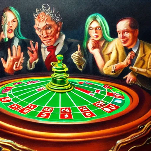 Prompt: cthulhu playing in a casino, realistic painting