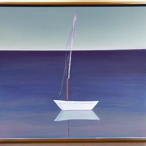 Prompt: white sailboat on a dark purple sea by a port, coherent, oil on canvas, reflection, very far shot, moon