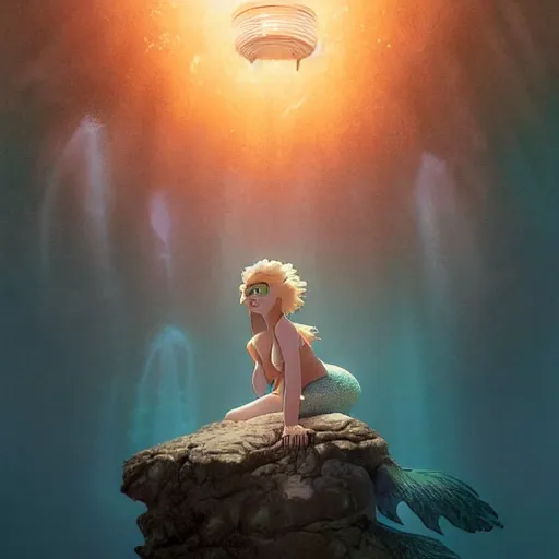 Image similar to doc brown as arielle the mermaid in water, studio ghibli, disney animation, sharp, anime key art by greg rutkowski, bloom, dramatic lighting