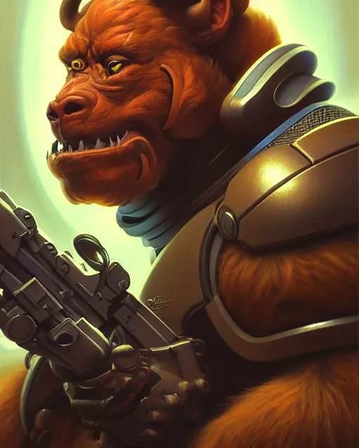 Image similar to winston from overwatch, character portrait, portrait, close up, highly detailed, intricate detail, amazing detail, sharp focus, vintage fantasy art, vintage sci - fi art, radiant light, caustics, by boris vallejo