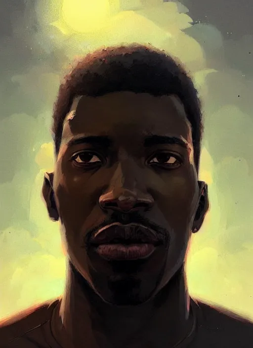 Prompt: dream highly detailed portrait of a black man looking confused, unaware of his surrounding, magnificent, photographic realistic background, by atey ghailan, by greg rutkowski, by greg tocchini, by james gilleard, by joe fenton, by kaethe butcher, trending on instagram, award winning details