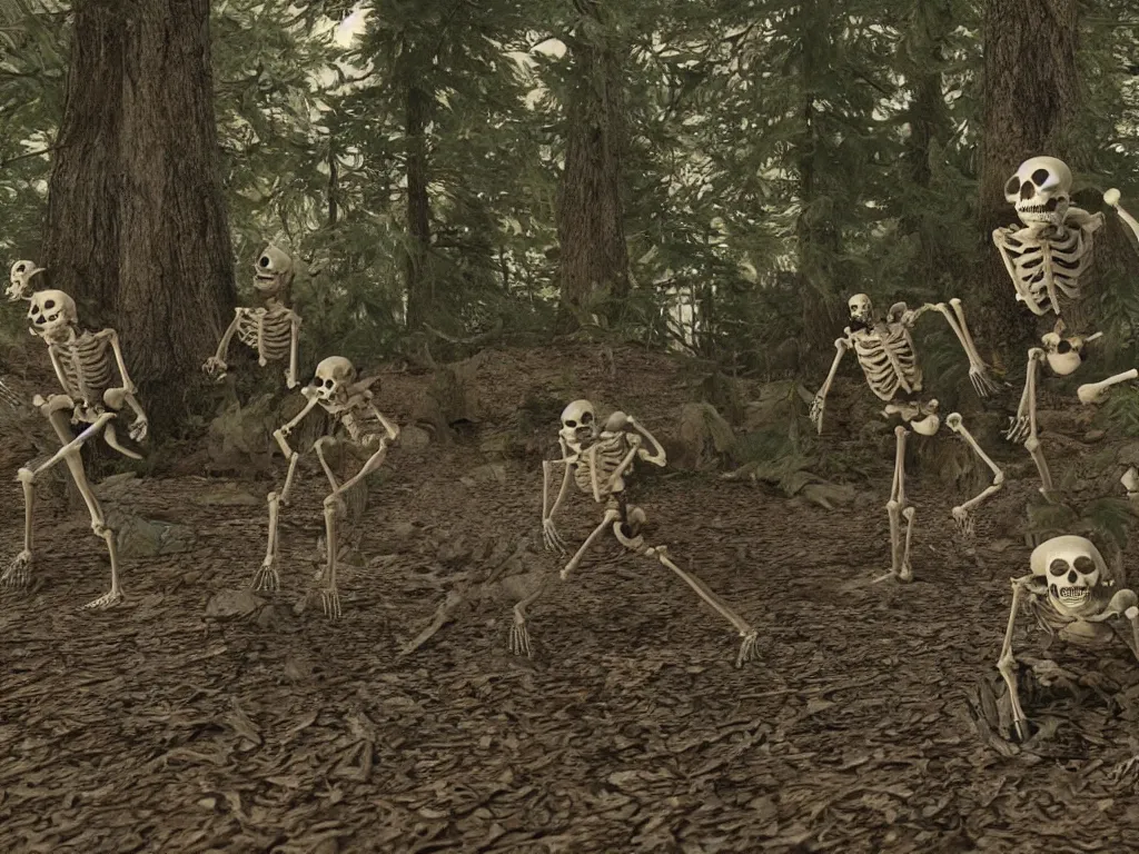 Image similar to frightened screaming human skeletons on amateur home video being attacked by raccoons at night in a dark forest at night, photorealistic amateur photography low camera angle, unreal engine 5 render