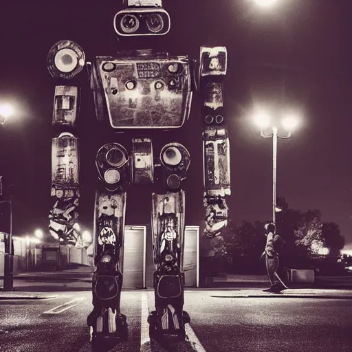 Prompt: giant robot at night, humanoid, eyes, historical photo, grainy, vintage, stark light, dramatic lighting, evil smile, street at night, cars in the background, trash on the ground, night sky, scary, evil