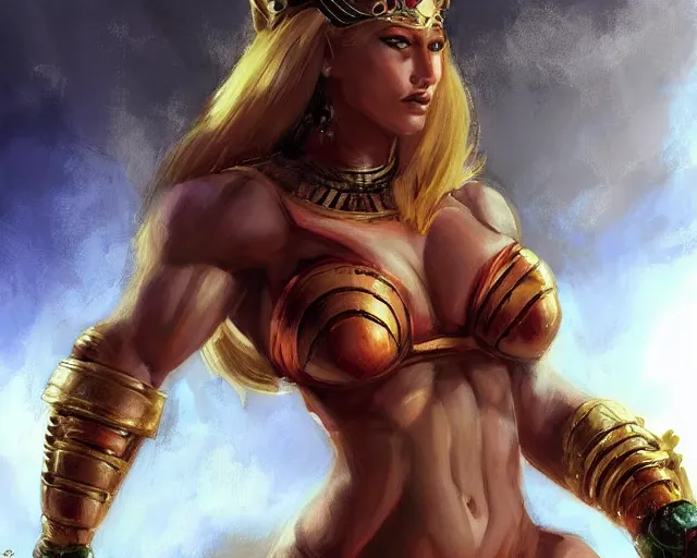 Image similar to portrait of samus aran as a very attractive female bodybuilder egyptian queen, elegant, fantasy, hd shot, digital portrait, beautiful, artstation, comic style, by artgerm, guy denning, jakub rozalski, magali villeneuve and charlie bowater